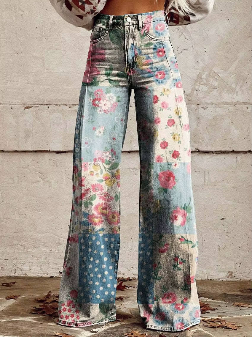 Floral Bell Bottom Pants for Women with High Waist Design