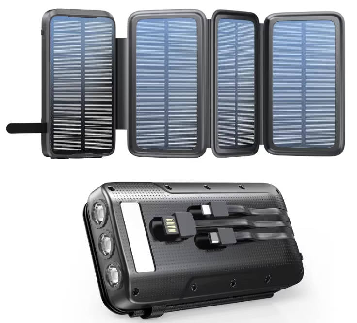 Solar Power Bank with 48000mAh Battery and 15W Wireless Charging, Foldable Panels with Built-in Cables and SOS Flashlight