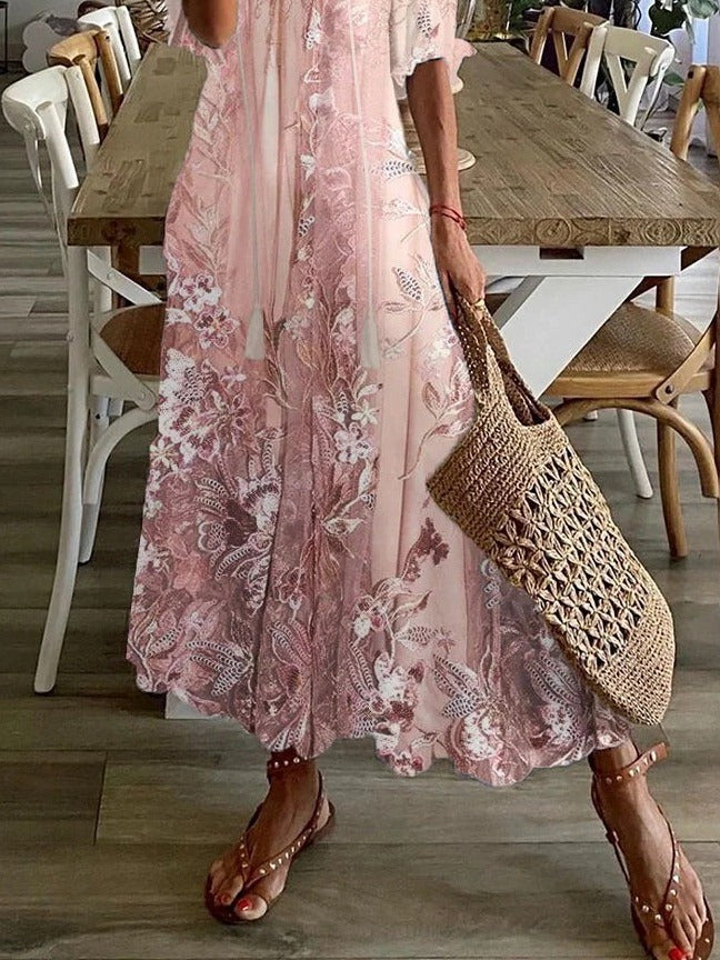 Women's Floral Print Maxi Dress - Half Sleeve V-Neck with Lace Accents