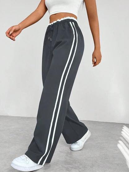 Women's Wide Leg Pants with Adjustable Drawstring and Double Side Stripes