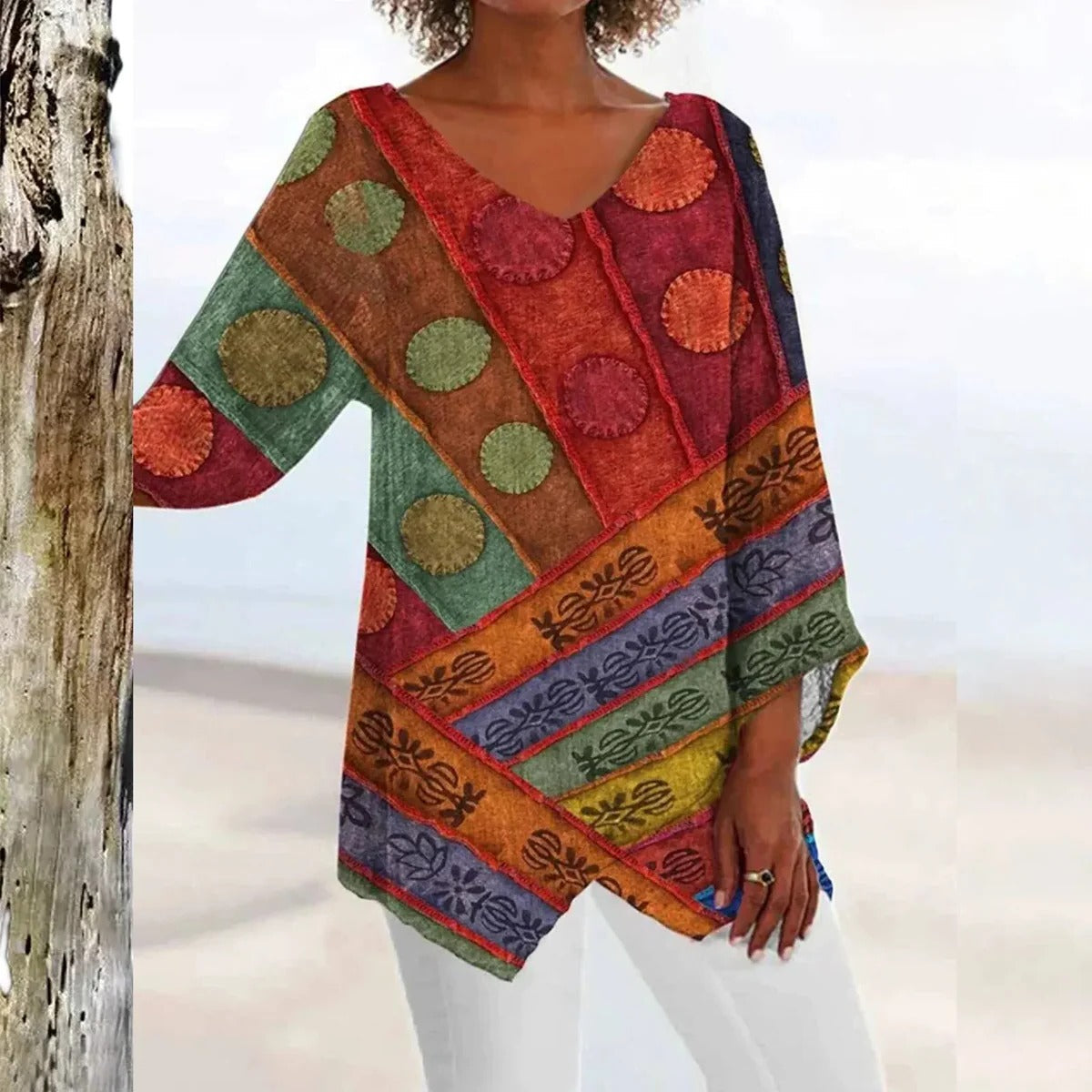 Women's V-Neck Top with Vintage Design, Machine Washable