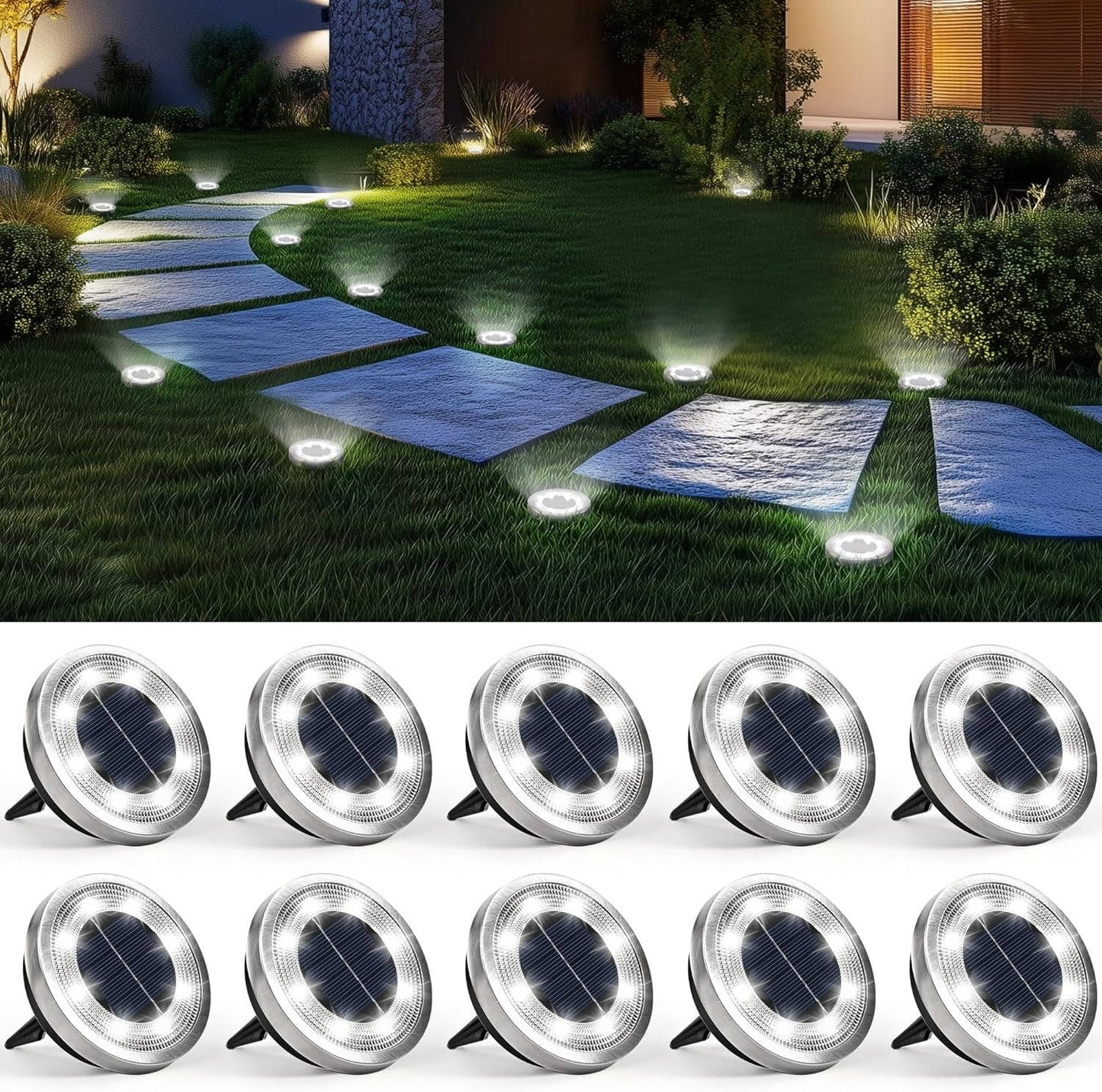 Solar Ground Lights 10 Pack with Dusk to Dawn Sensor and Stainless Steel Housing