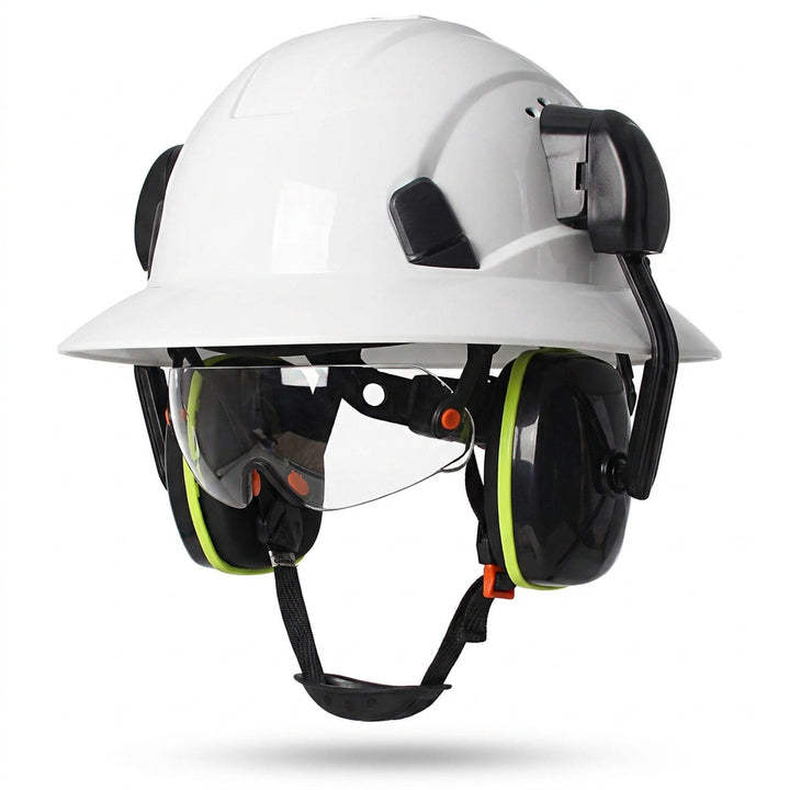 Full Brim Hard Hat With Built-In Eye Shield And Earmuffs