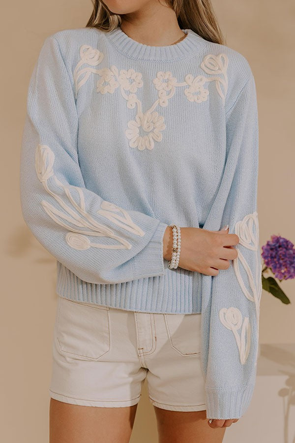 Cable Knit Pullover Sweater in Sky Blue with Colorful Floral Embroidery