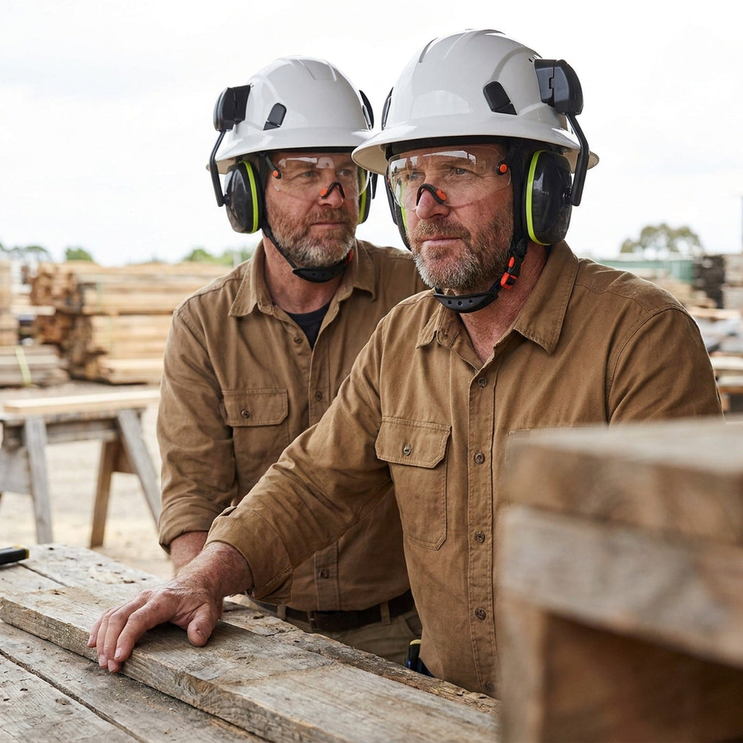 Full Brim Hard Hat With Built-In Eye Shield And Earmuffs