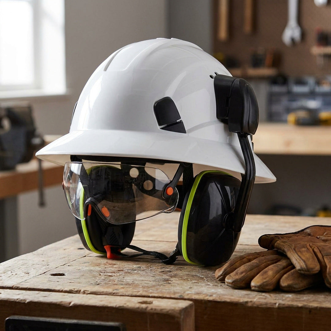 Full Brim Hard Hat With Built-In Eye Shield And Earmuffs