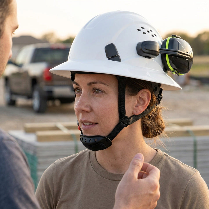 Full Brim Hard Hat With Built-In Eye Shield And Earmuffs