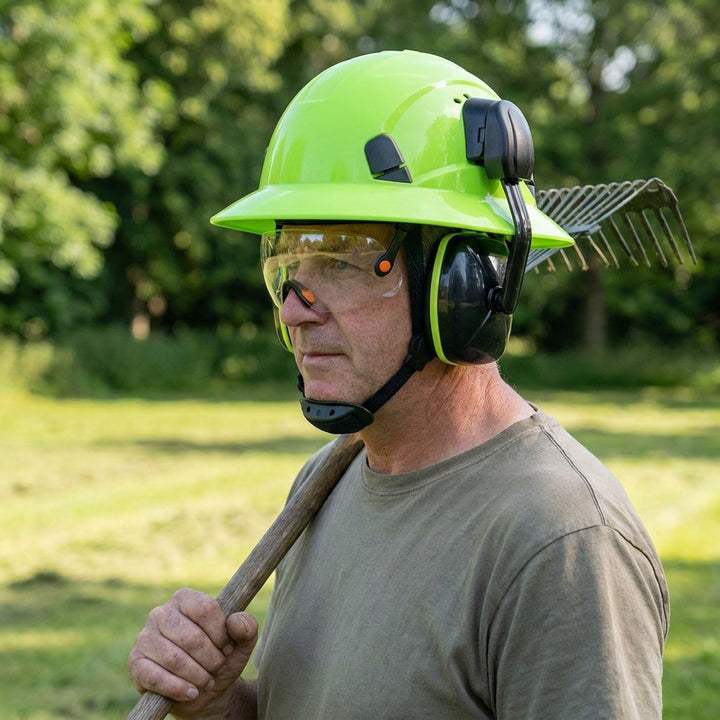 Full Brim Hard Hat With Built-In Eye Shield And Earmuffs