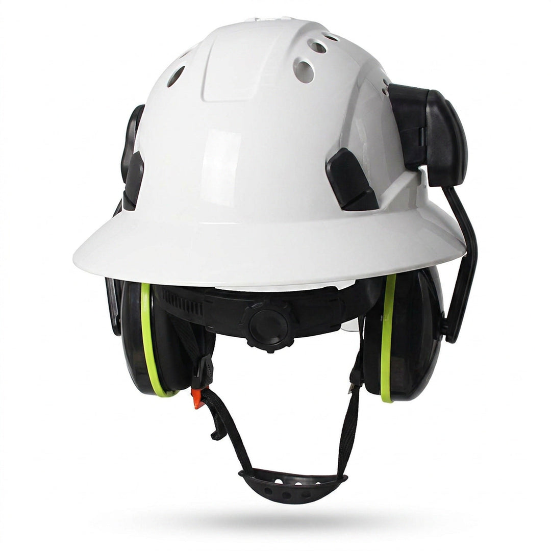 Full Brim Hard Hat With Built-In Eye Shield And Earmuffs