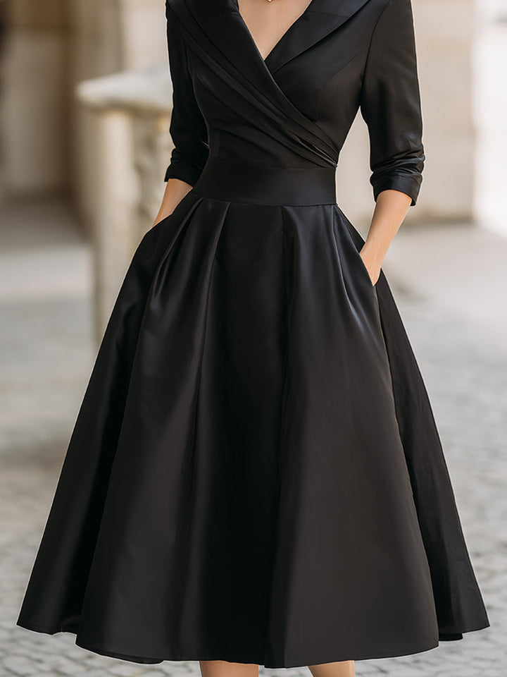 Tailored V-Neck Evening Dress with Structured Fit and Neutral Styling