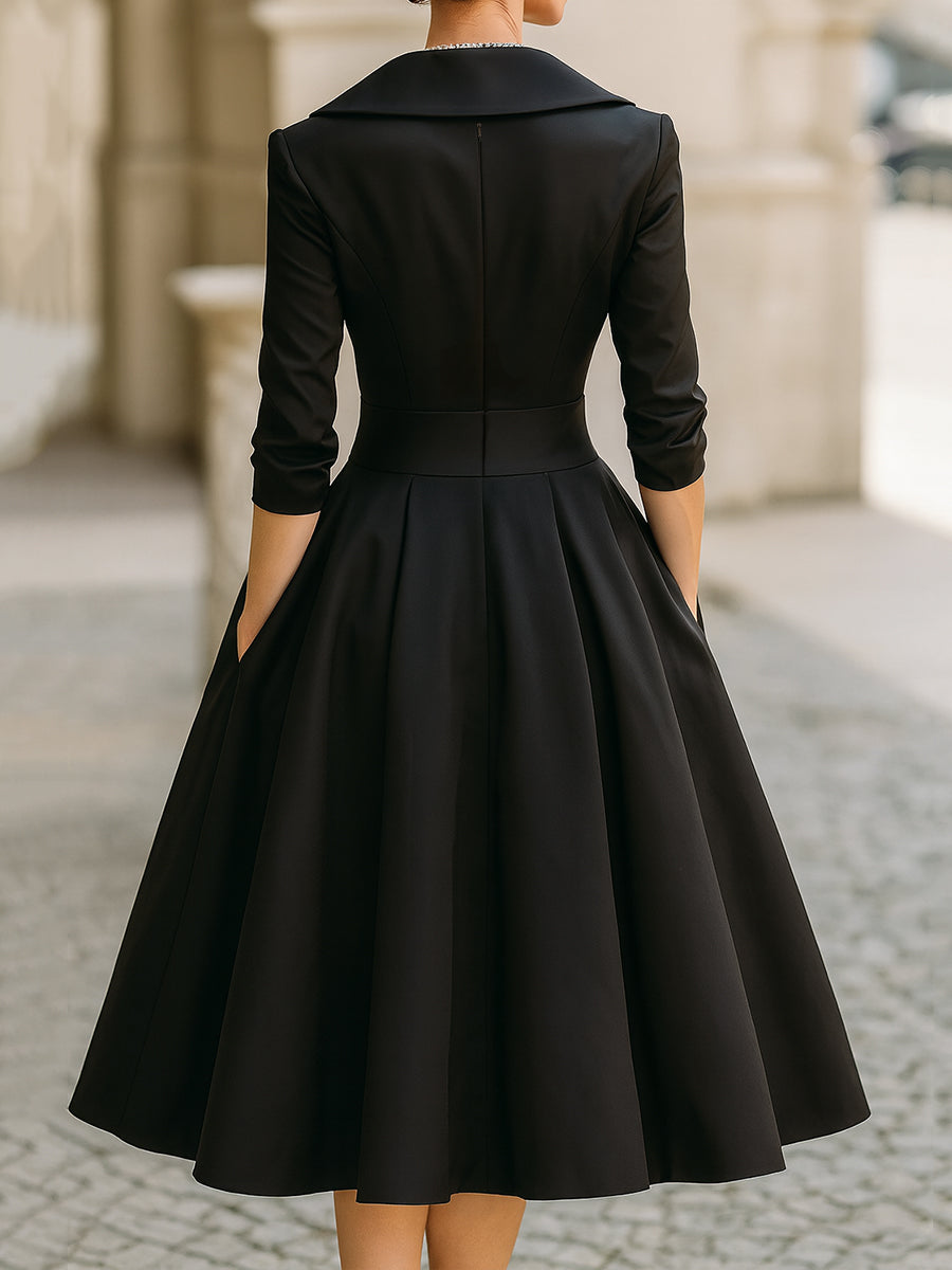 Tailored V-Neck Evening Dress with Structured Fit and Neutral Styling
