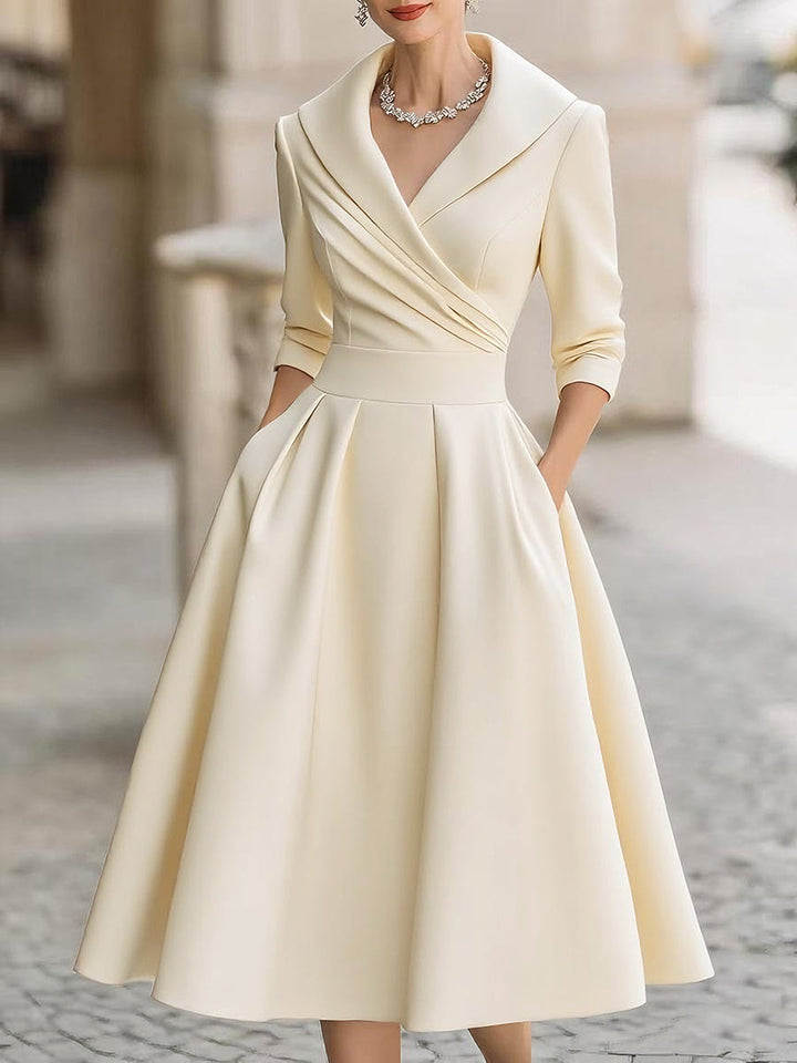 Tailored V-Neck Evening Dress with Structured Fit and Neutral Styling