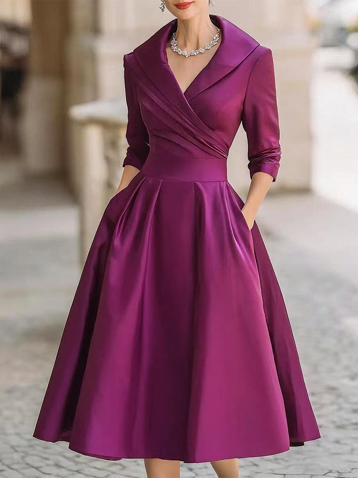 Tailored V-Neck Evening Dress with Structured Fit and Neutral Styling
