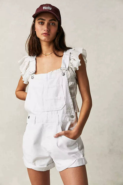 Women's Denim Shortalls with Adjustable Button Straps and Five Pockets, Loose Fit Sleeveless