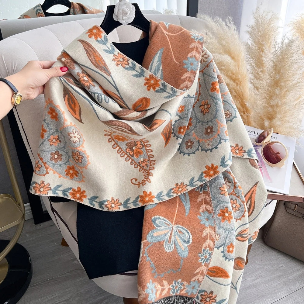 Winter Shawl Scarf Double-Sided Floral Wrap, Elegant Warm Layering Accessory