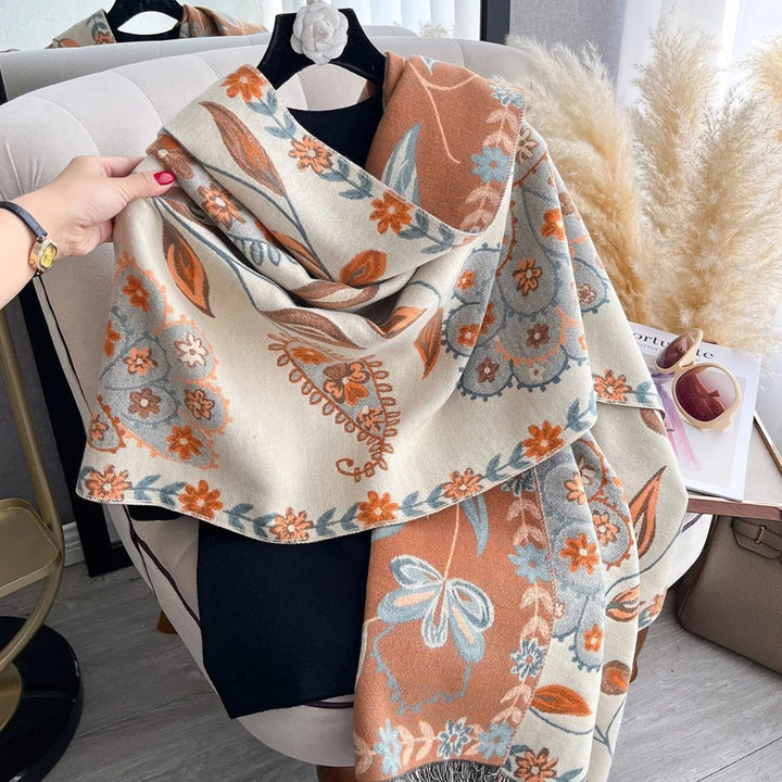 Winter Shawl Scarf Double-Sided Floral Wrap, Elegant Warm Layering Accessory
