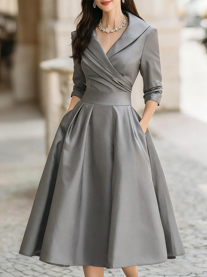 Tailored V-Neck Evening Dress with Structured Fit and Neutral Styling