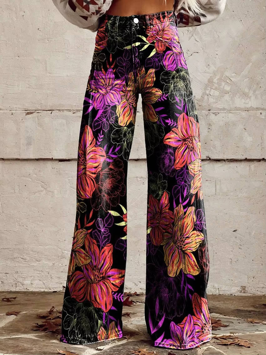 Floral Bell Bottom Pants for Women with High Waist Design