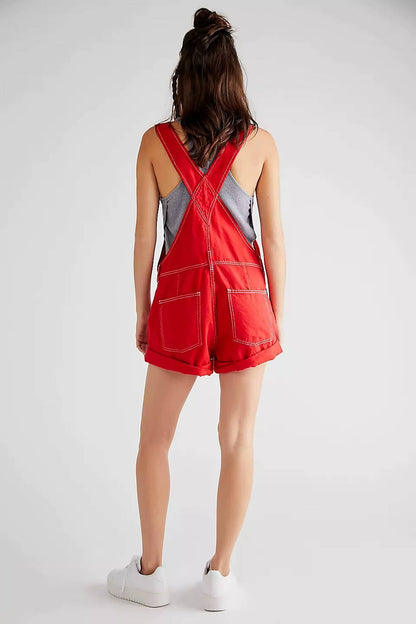 Women's Denim Shortalls with Adjustable Button Straps and Five Pockets, Loose Fit Sleeveless