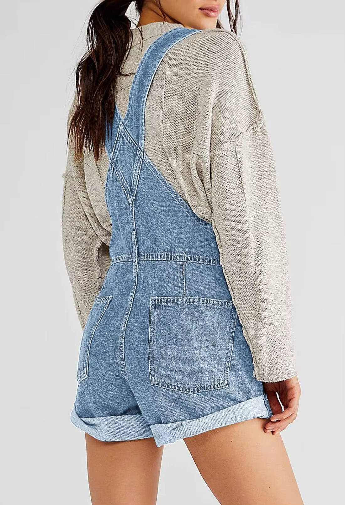 Women's Denim Shortalls with Adjustable Button Straps and Five Pockets, Loose Fit Sleeveless