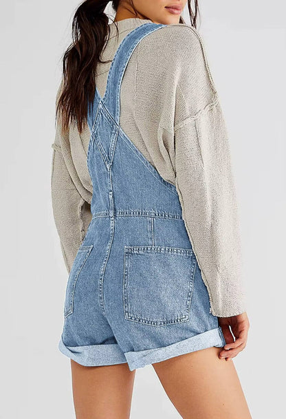 Women's Denim Shortalls with Adjustable Button Straps and Five Pockets, Loose Fit Sleeveless