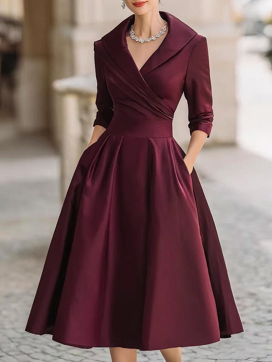 Tailored V-Neck Evening Dress with Structured Fit and Neutral Styling