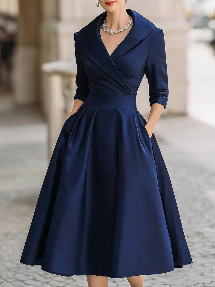 Tailored V-Neck Evening Dress with Structured Fit and Neutral Styling