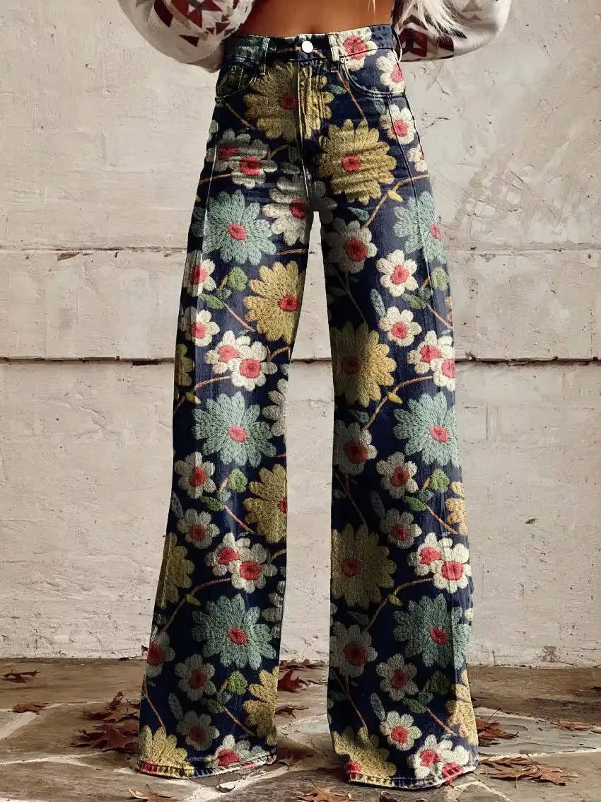 Floral Bell Bottom Pants for Women with High Waist Design