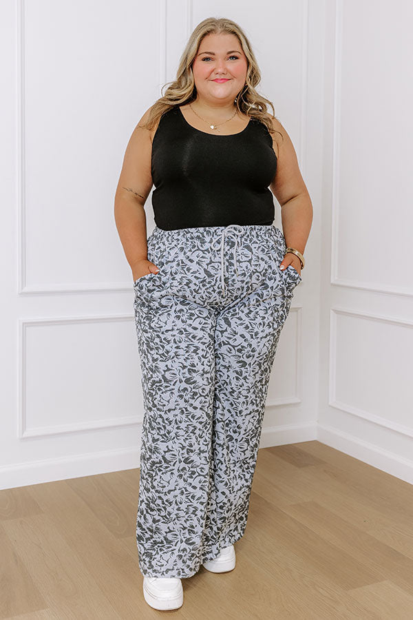 Jacquard Knit Pants with Elastic Drawstring Waistband and Floral Weave, Wide Leg