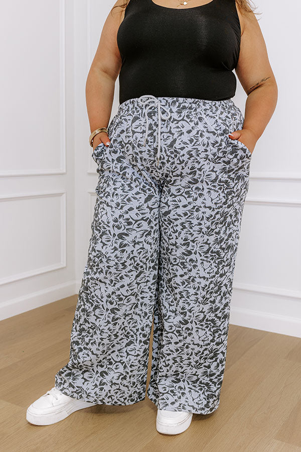 Jacquard Knit Pants with Elastic Drawstring Waistband and Floral Weave, Wide Leg
