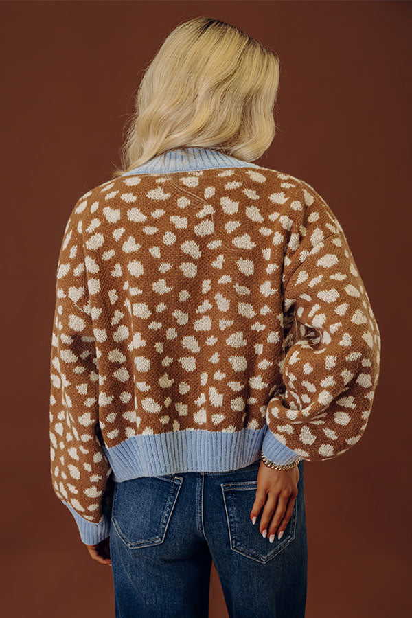 Fawn Print Cardigan with Sky Blue Ribbed Trim and Button Front