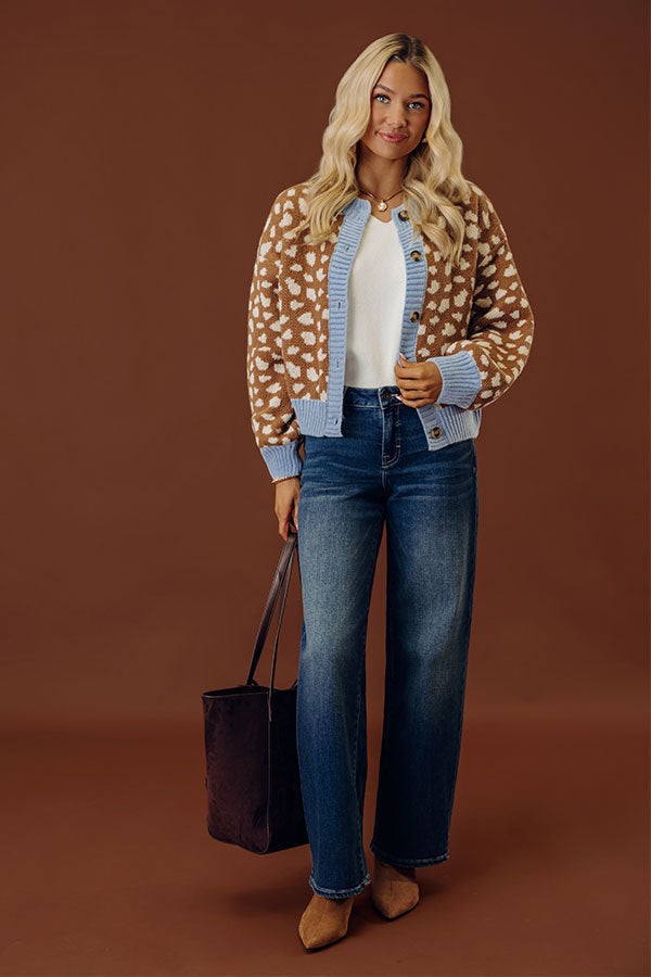 Fawn Print Cardigan with Sky Blue Ribbed Trim and Button Front