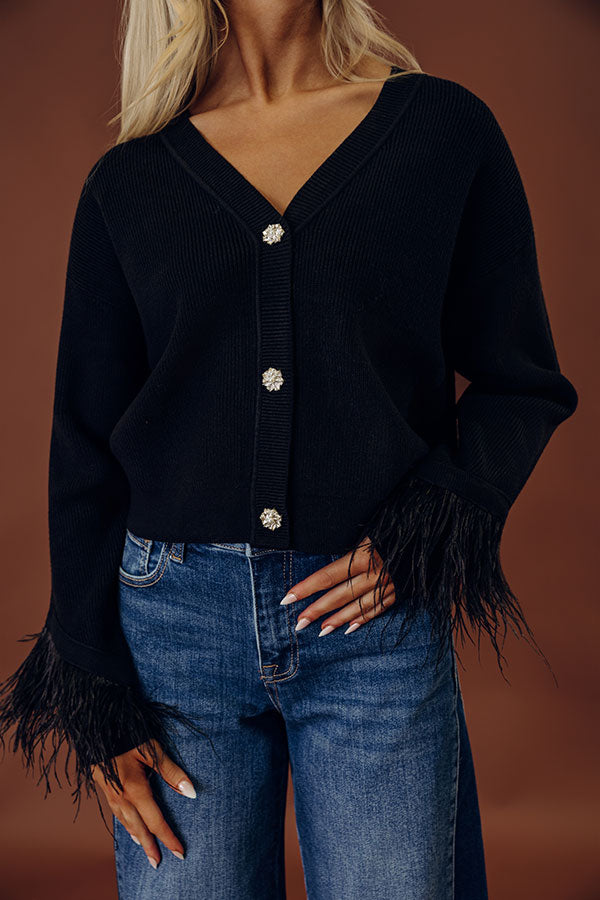 Ribbed Knit Cardigan with Feather Trim Cuffs and Rhinestone Pearl Buttons