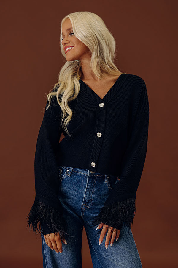 Ribbed Knit Cardigan with Feather Trim Cuffs and Rhinestone Pearl Buttons