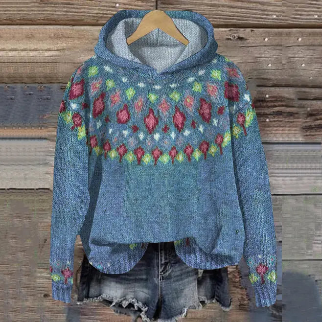 Hoodie Warm Nordic Fleece-Lined Pullover With Fair Isle Pattern