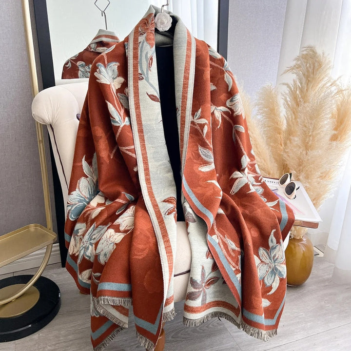 Winter Shawl Scarf Double-Sided Floral Wrap, Elegant Warm Layering Accessory
