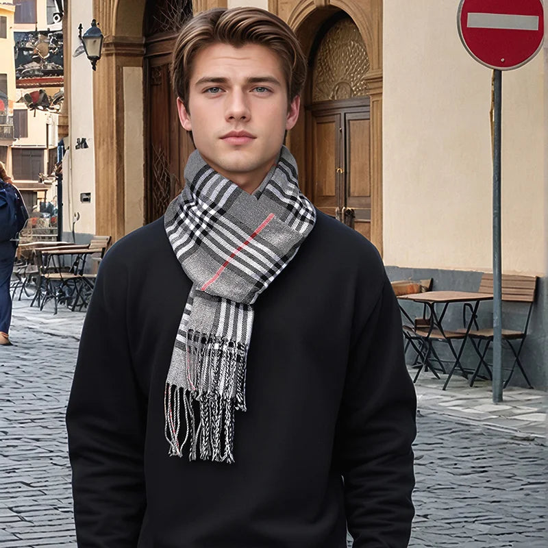 Cashmere Plaid Winter Scarf For Men Soft Warm Classic Accessory