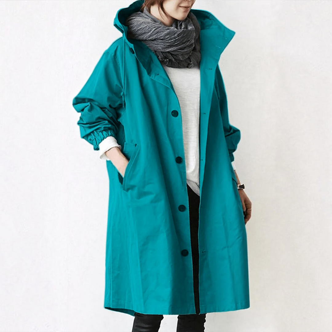 Trench Coat Hooded Waterproof Long Raincoat With Adjustable Belt