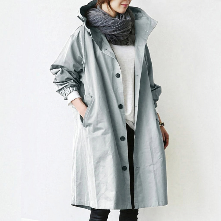 Trench Coat Hooded Waterproof Long Raincoat With Adjustable Belt