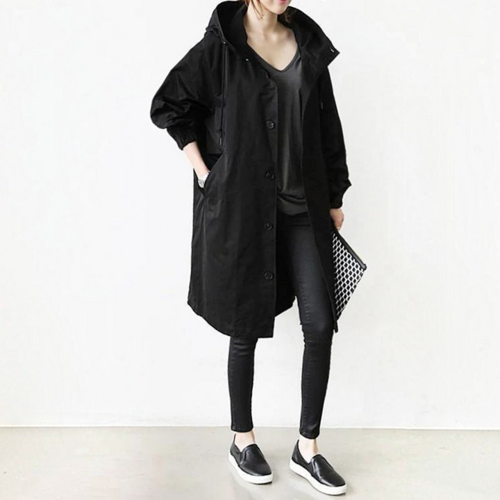 Trench Coat Hooded Waterproof Long Raincoat With Adjustable Belt