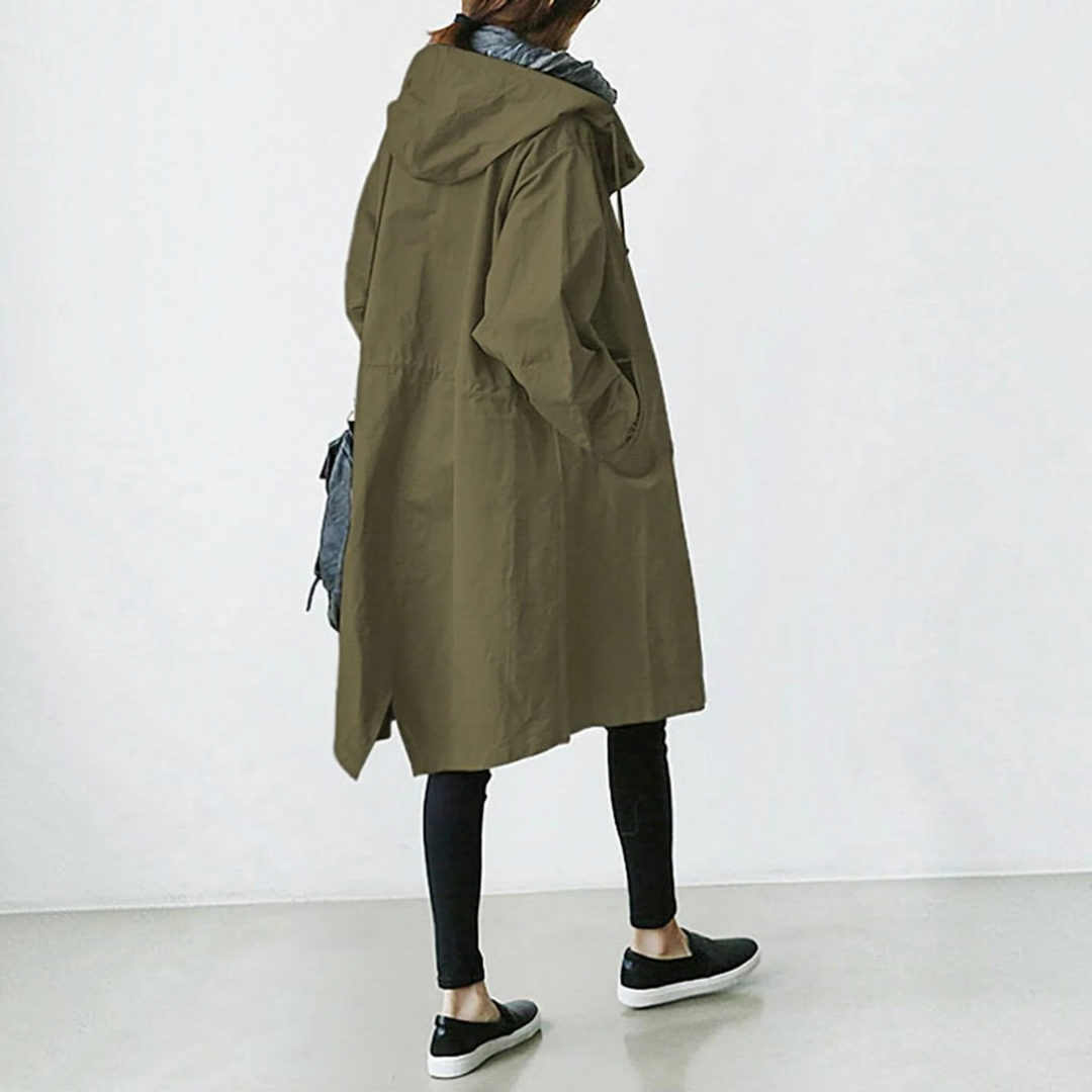 Trench Coat Hooded Waterproof Long Raincoat With Adjustable Belt