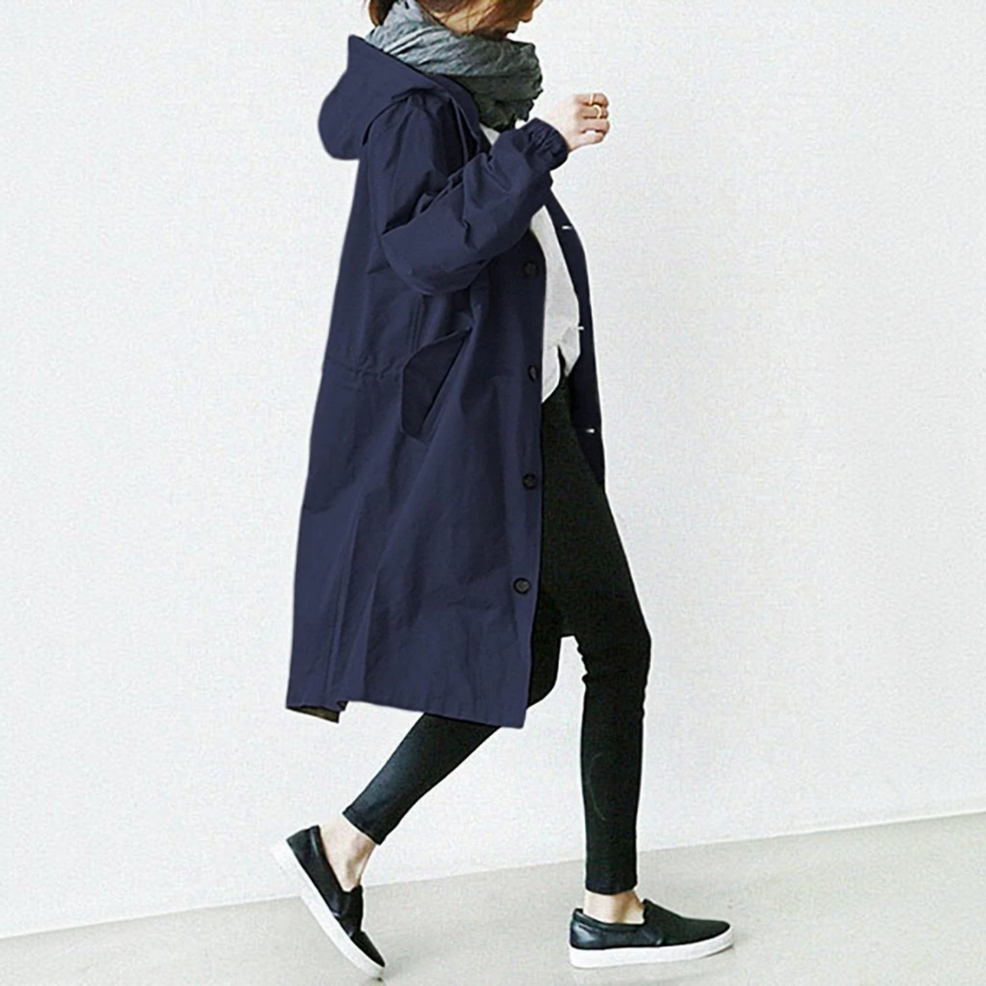 Trench Coat Hooded Waterproof Long Raincoat With Adjustable Belt