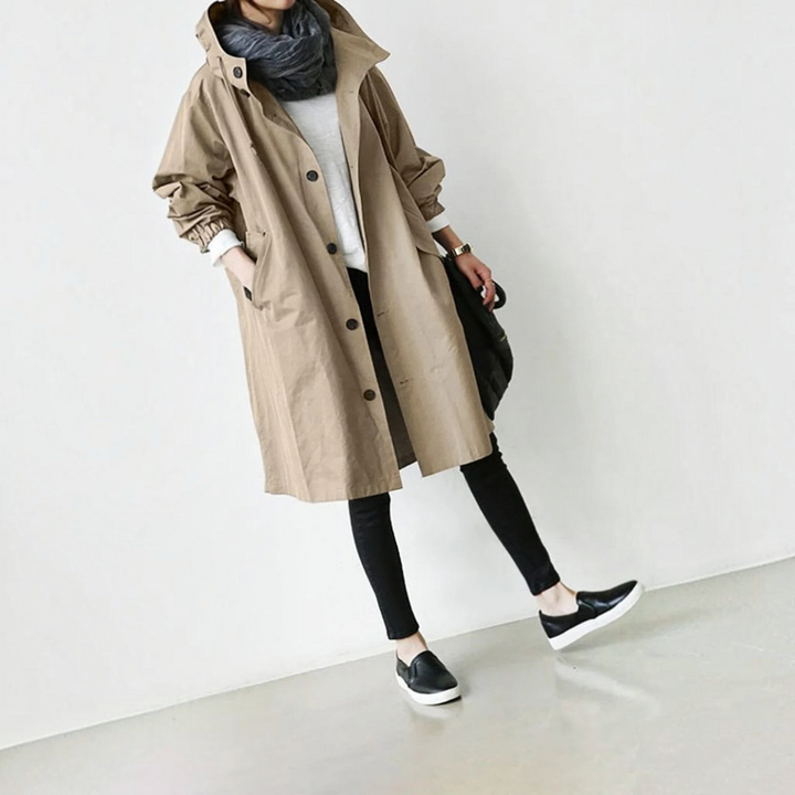 Trench Coat Hooded Waterproof Long Raincoat With Adjustable Belt
