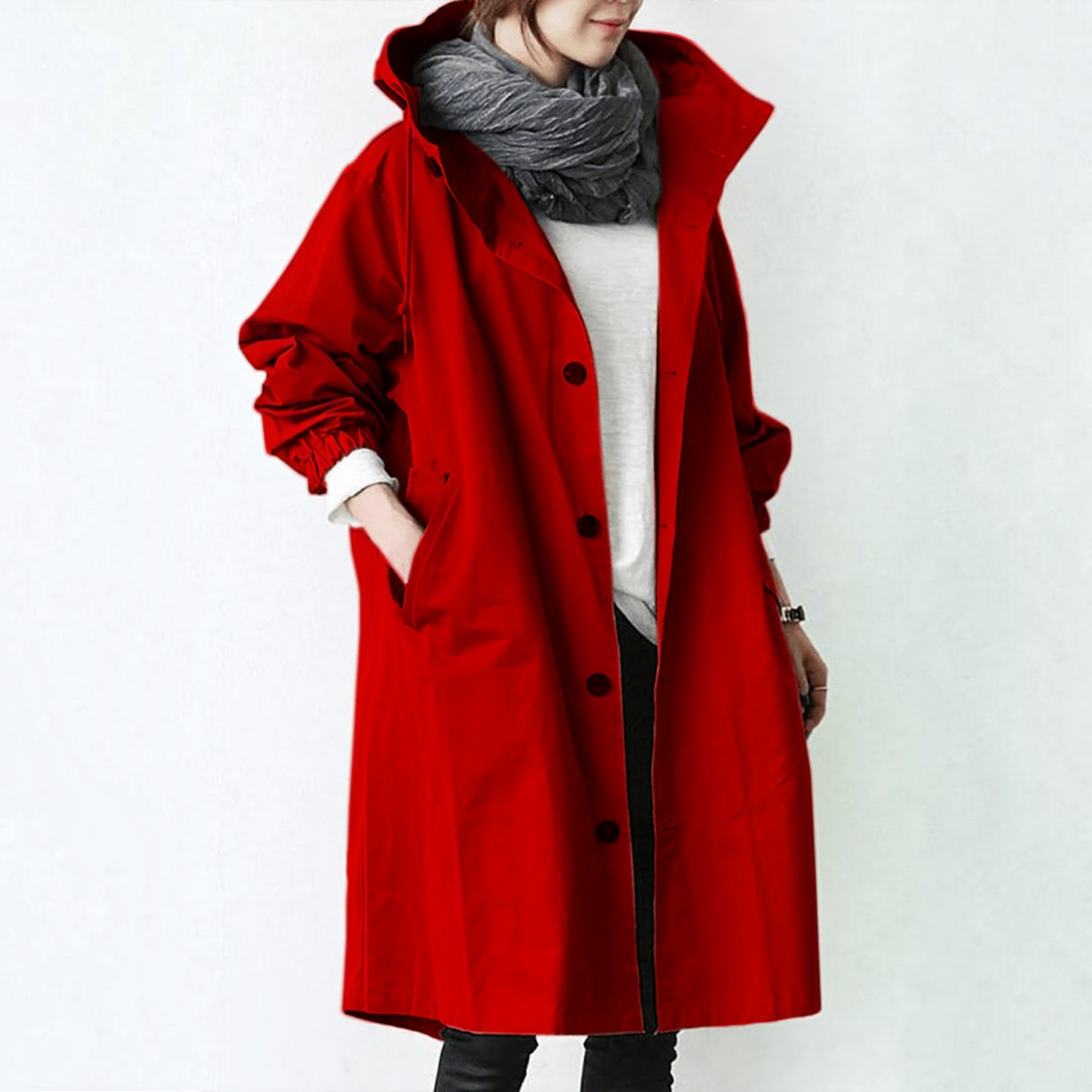 Trench Coat Hooded Waterproof Long Raincoat With Adjustable Belt