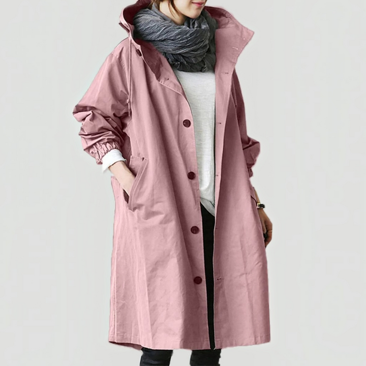 Trench Coat Hooded Waterproof Long Raincoat With Adjustable Belt