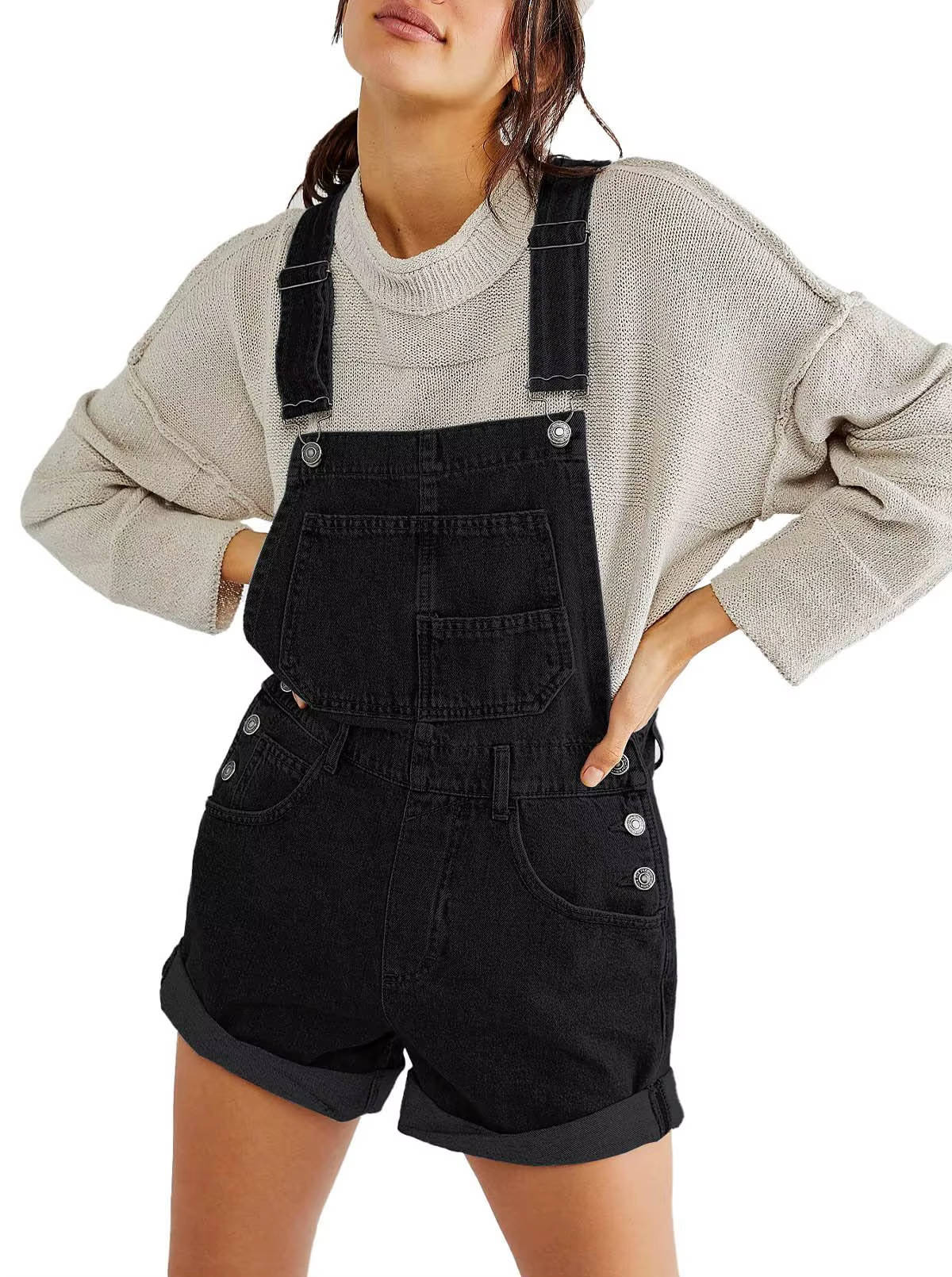 Women's Denim Shortalls with Adjustable Button Straps and Five Pockets, Loose Fit Sleeveless