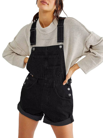 Women's Denim Shortalls with Adjustable Button Straps and Five Pockets, Loose Fit Sleeveless