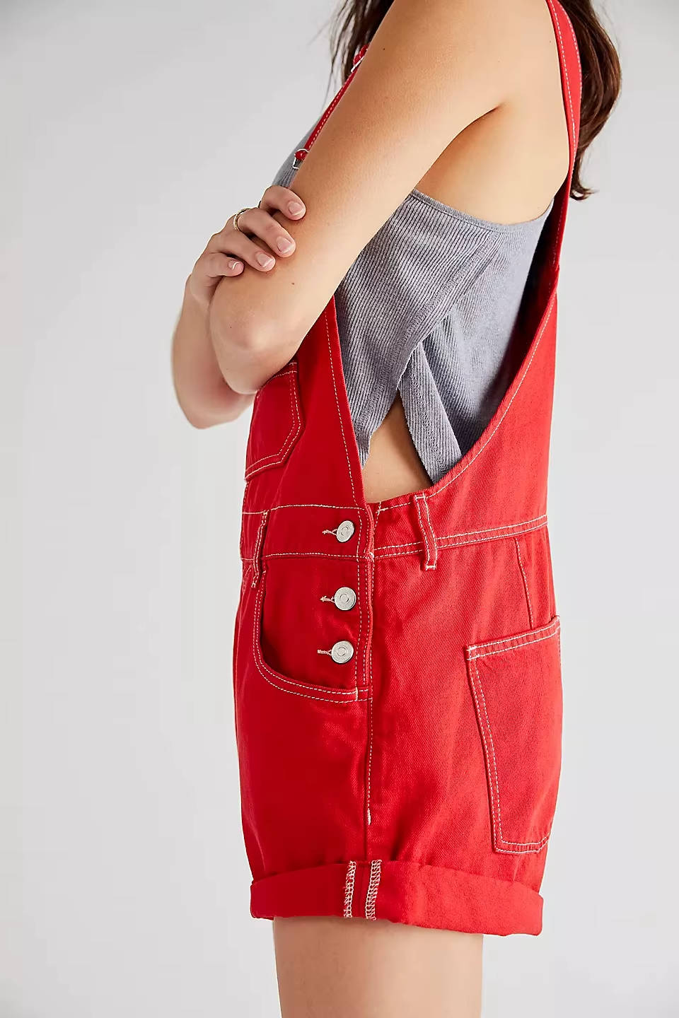 Women's Denim Shortalls with Adjustable Button Straps and Five Pockets, Loose Fit Sleeveless