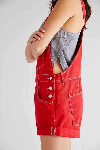 Women's Denim Shortalls with Adjustable Button Straps and Five Pockets, Loose Fit Sleeveless