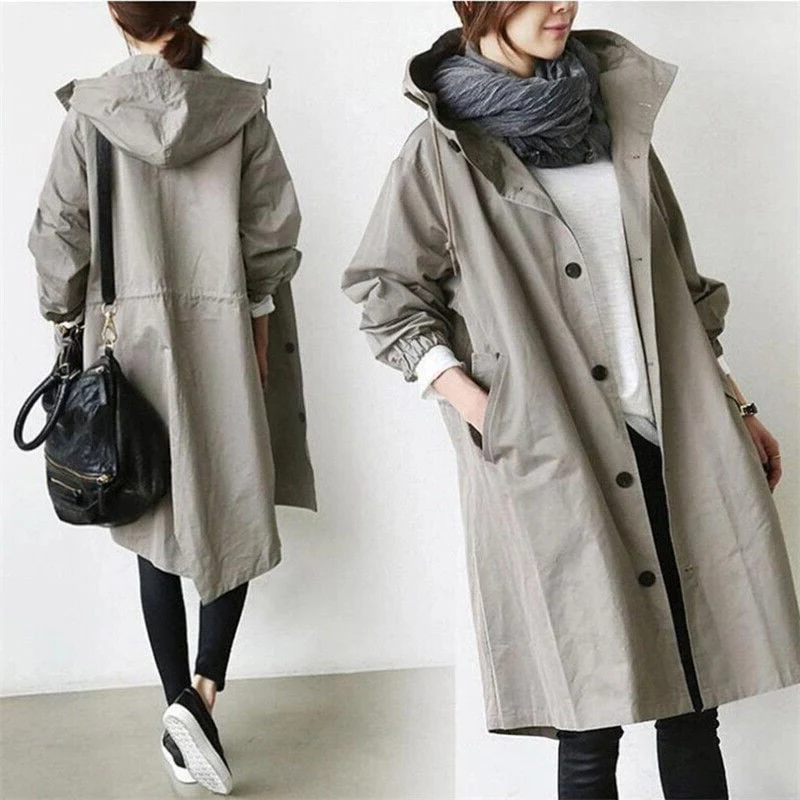 Trench Coat Hooded Waterproof Long Raincoat With Adjustable Belt